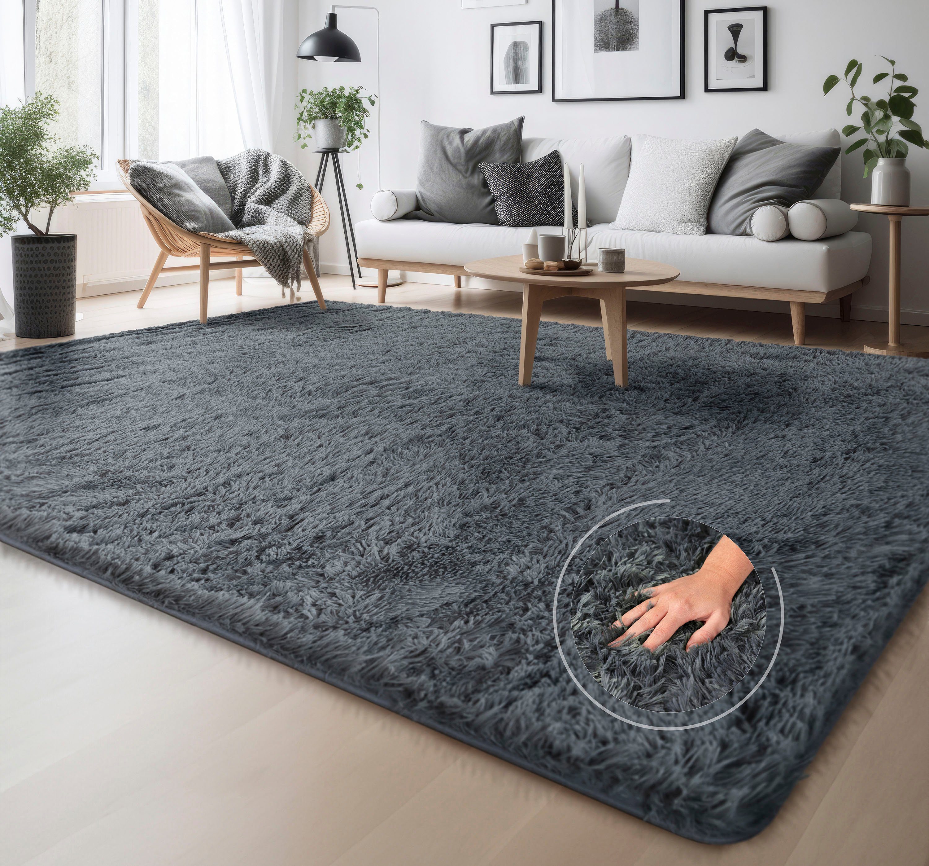my home Hochflor-Teppich Serville, rechteckig, Höhe: 37 mm, Kuschelteppich, Uni Farben, sehr weicher Flor, Wohnzimmer