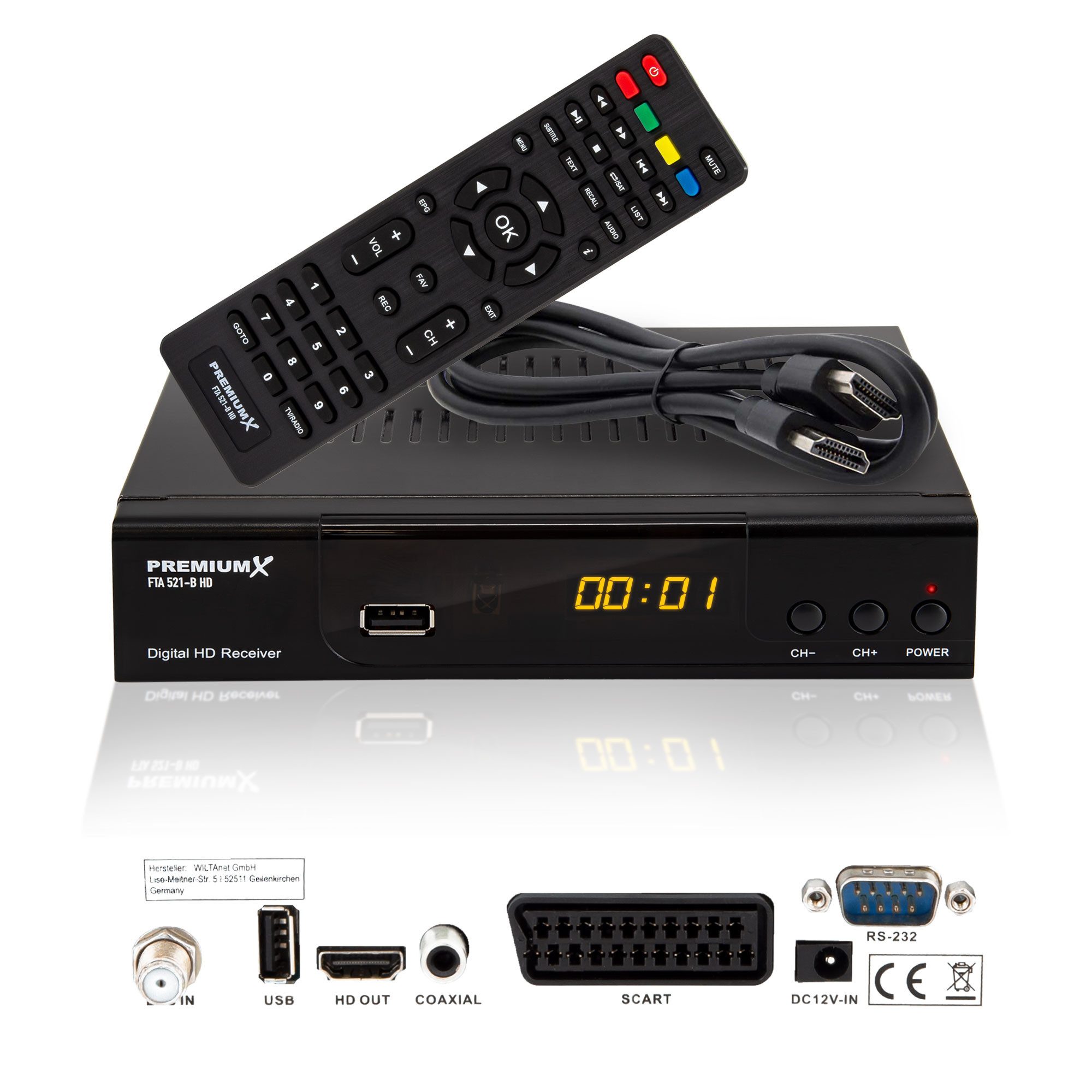 PremiumX HD 521 B FTA Digital SAT Receiver DVB-S2 HDMI SCART USB 12V FullHD SAT-Receiver
