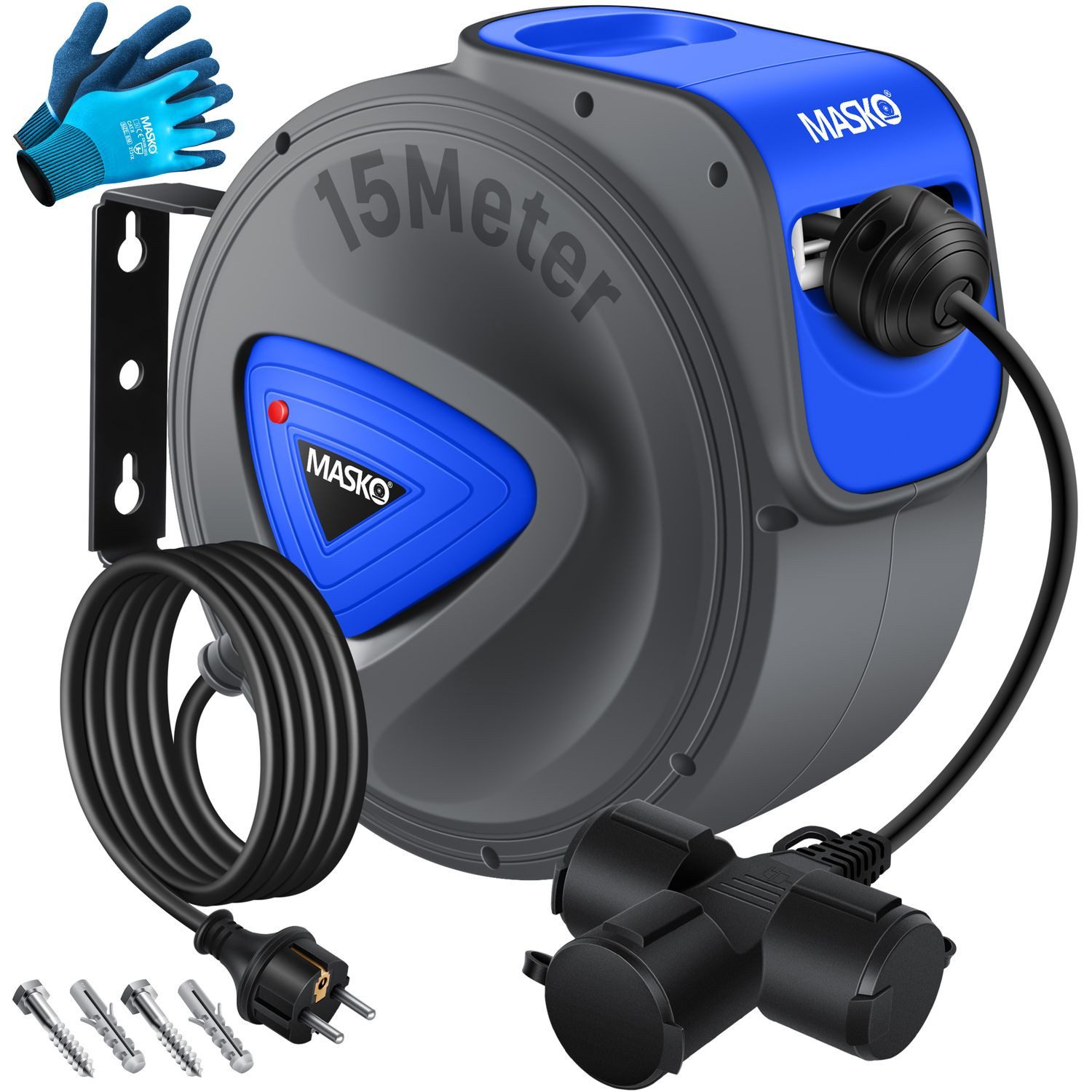 MASKO Verlängerungskabel, (15 cm), Automatik Kabeltrommel Verlängerungskabel mit 3-Fach Anschluss