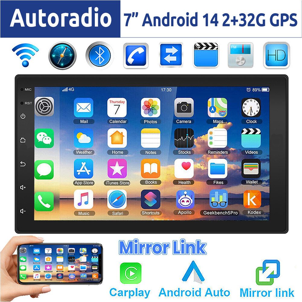ESSGOO 7 Zoll Doppel 2 DIN Android 14 4+64G Autoradio (Digitalradio (DAB), FM, RDS, FM RDS Bluetooth EQ USB Apple Carplay Android Auto GPS Navi WIFI)