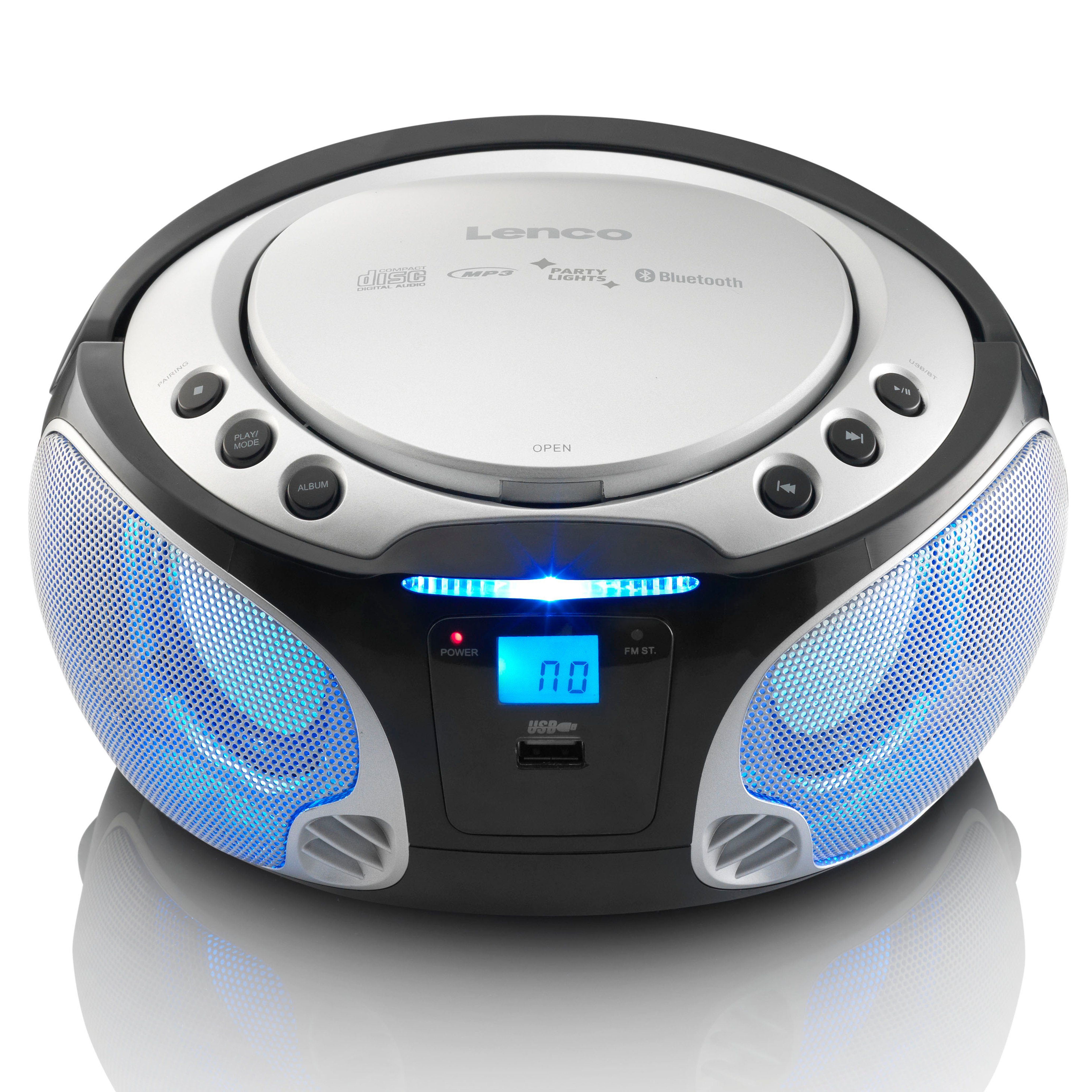 Lenco SCD-550SI UKW-Radio (FM, 5 W, CD/MP3-Player mit Lichteffekten, Bluetooth 5.0, USB & AUX in Silber)
