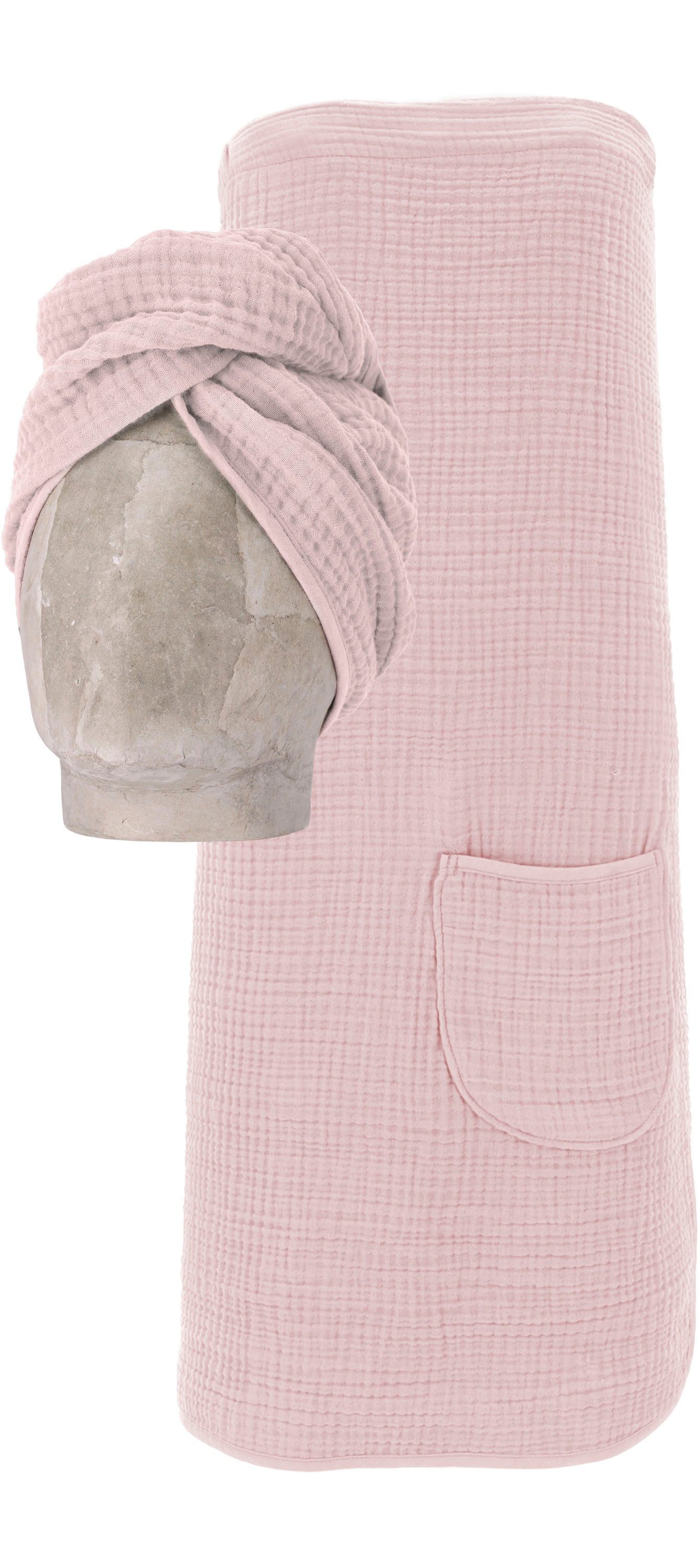 Vossen Kilt Wellness Set, ideal für Sauna & Spa, Hotelbademantel, Morgenmantel, Baumwoll-Mix, Spa Dress + Turban in einem Set inkl. Geschenkverpackung