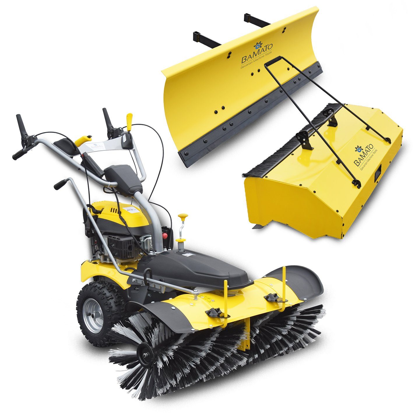 BAMATO Handkehrmaschine KEM-1000 Benzin Kehrmaschine 100 cm Motorbesen E-Start 3in1, 100 cm Arbeitsbreite, Auffangbehälter, Schneeschild, Radantrieb, Vario-Bürste
