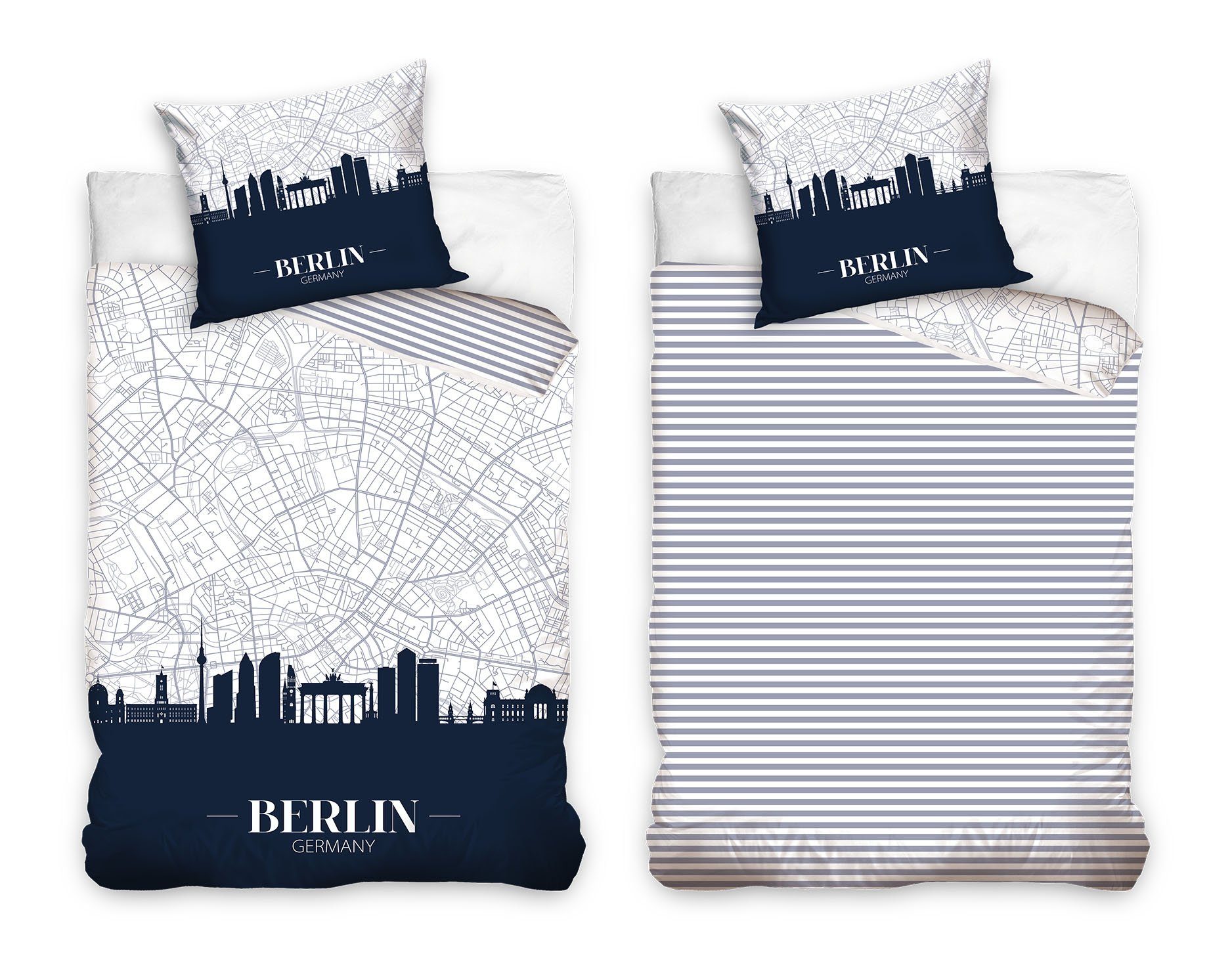 MTOnlinehandel Bettwäsche Berlin Skyline 135x200 + 80x80 cm, 100 % Baumwolle, Renforcé, 2 teilig, coole Bettwäsche Berlin für Kinder, Teenager & Erwachsene