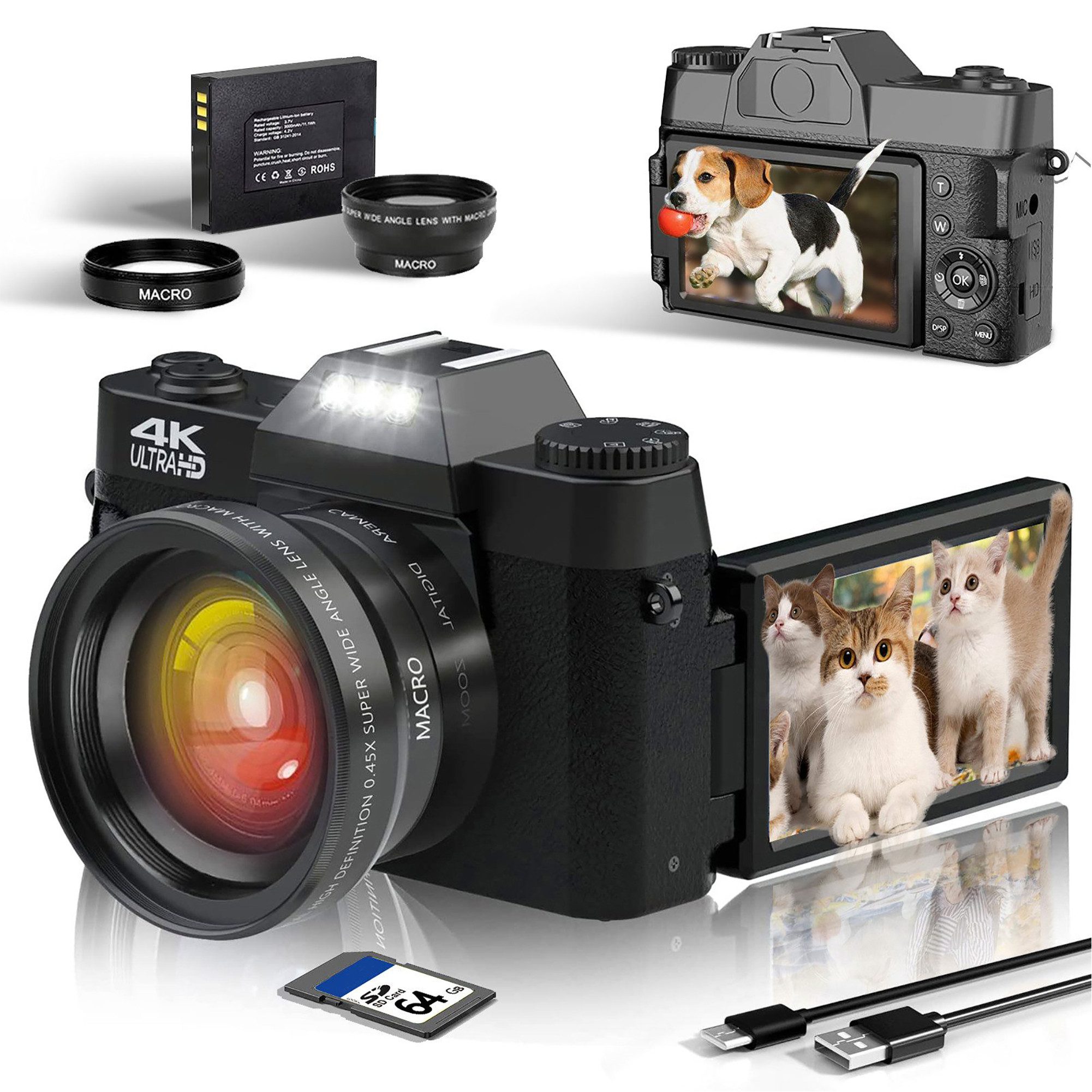 Fine Life Pro Digitalkamera 4K, 48MP Fotokamera mit 180° Flip 3.0" Bildschirm, Systemkamera (48 MP, 0x opt. Zoom, WLAN (Wi-Fi), inkl. 16X Digitalzoom Kompaktkamera mit Weitwinkel Linse und Macro Linse, 64GB TF-Karte, WiFi-Funktionalität, Schwarz)