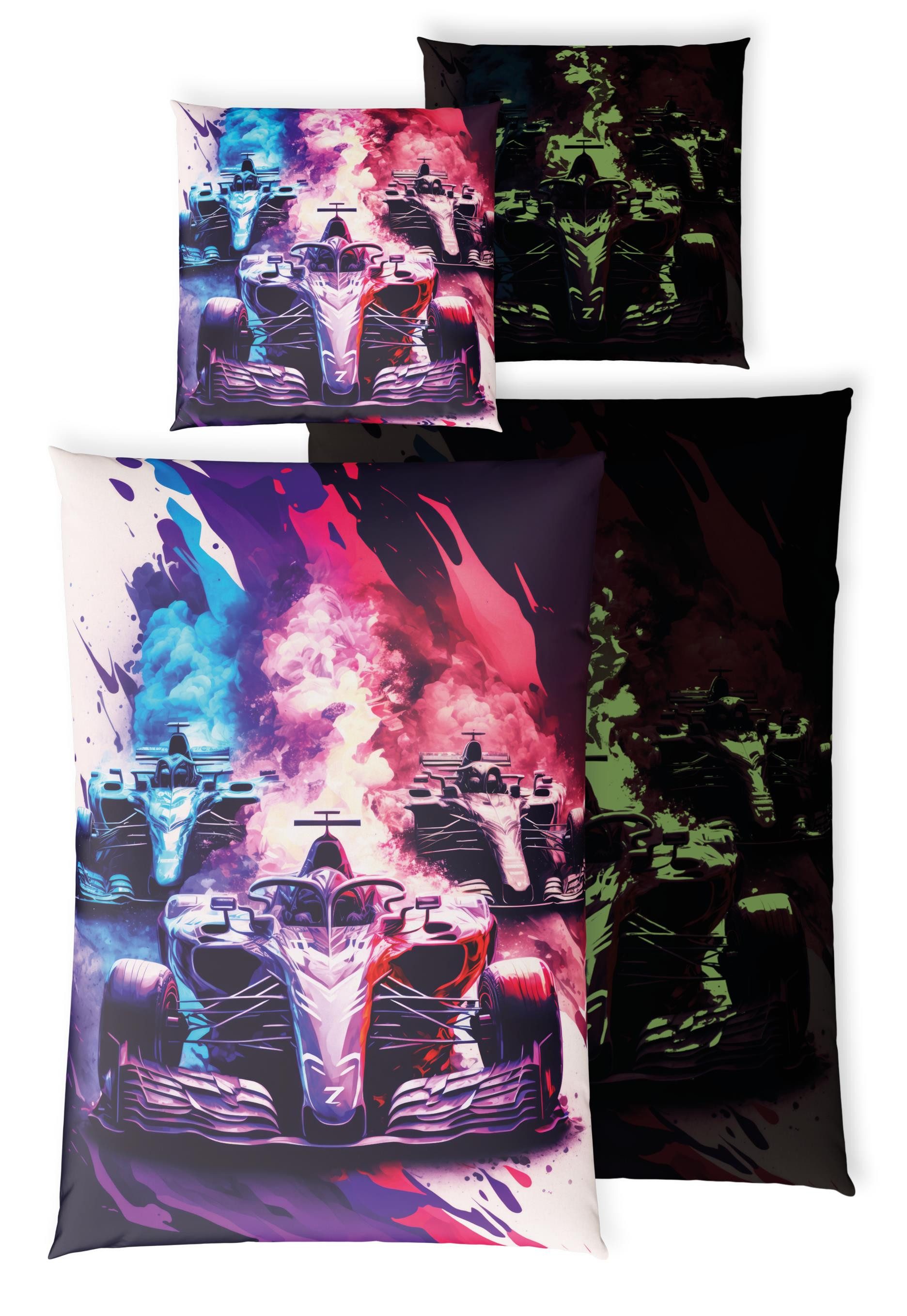 Carpe Sonno Kinderbettwäsche 135x200 Leuchtende Bettwäsche für Kinder Jungen Rennauto +10SPIELIDEEN, Renforcé, 2 teilig, Bettbezug für Kinder 100% Baumwolle, Bettzeug GLOW IN THE DARK
