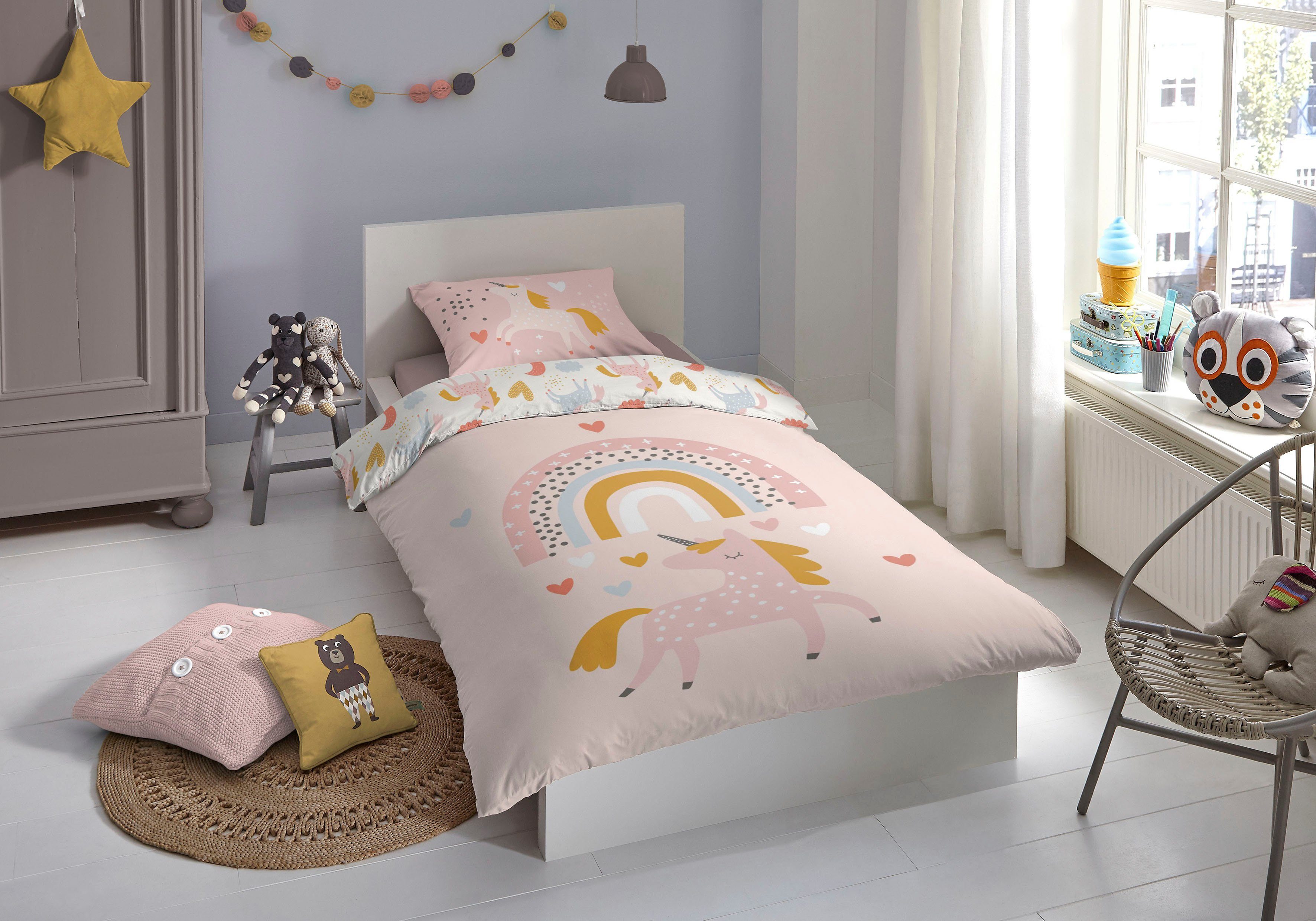 good morning Kinderbettwäsche Unilove, Renforcé, 2 teilig, Baumwolle, 135x200, Reißverschluss, Wende, Kind Mädchen, Einhorn, Rosa
