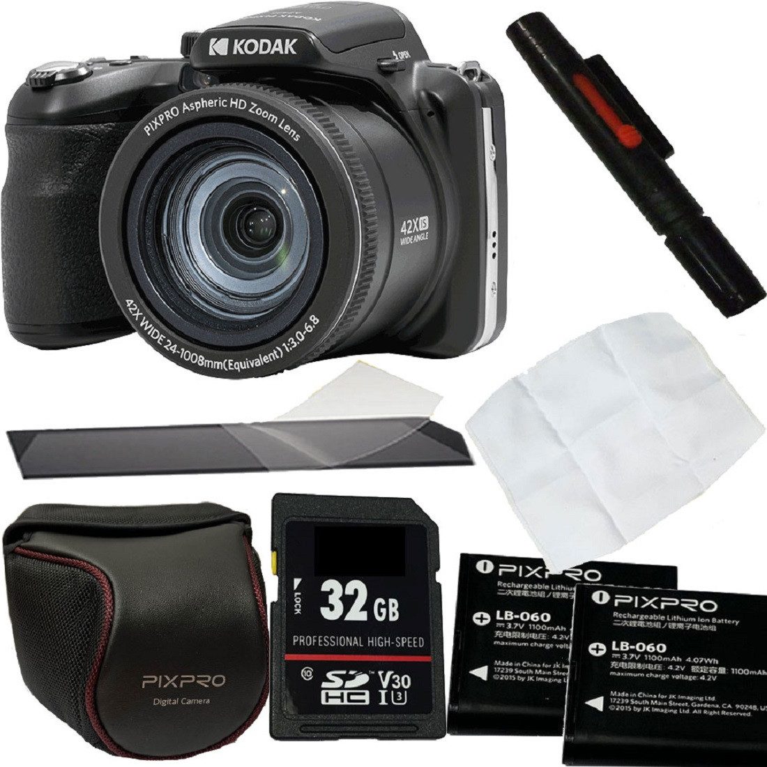 Kodak PixPro AZ426 schwarz Digitalkamera Set + Zubehör Kompaktkamera (inkl. Tasche, Karte, Akku, Lenspen, Display-Schutzfolie)