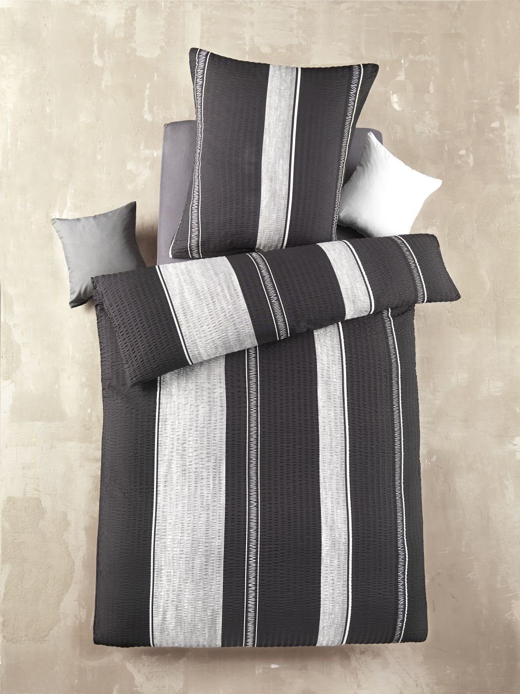soma Bettwäsche Mikrofaser Seersucker 135 cm x 200 cm schwarz / silber, Bettbezug Kopfkissenbezug Set kuschelig weich hochwertig