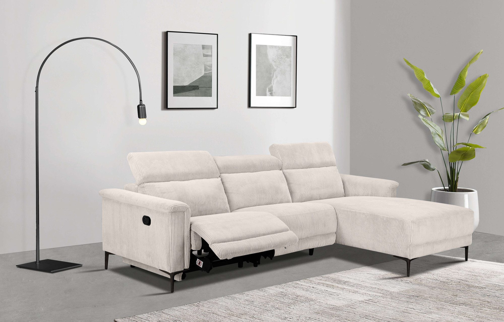 Places of Style Ecksofa Lund in Cord, L-Form, 261 cm, manuelle und elektr. Relaxfunktion, USB-A und Kopfteilverstellung