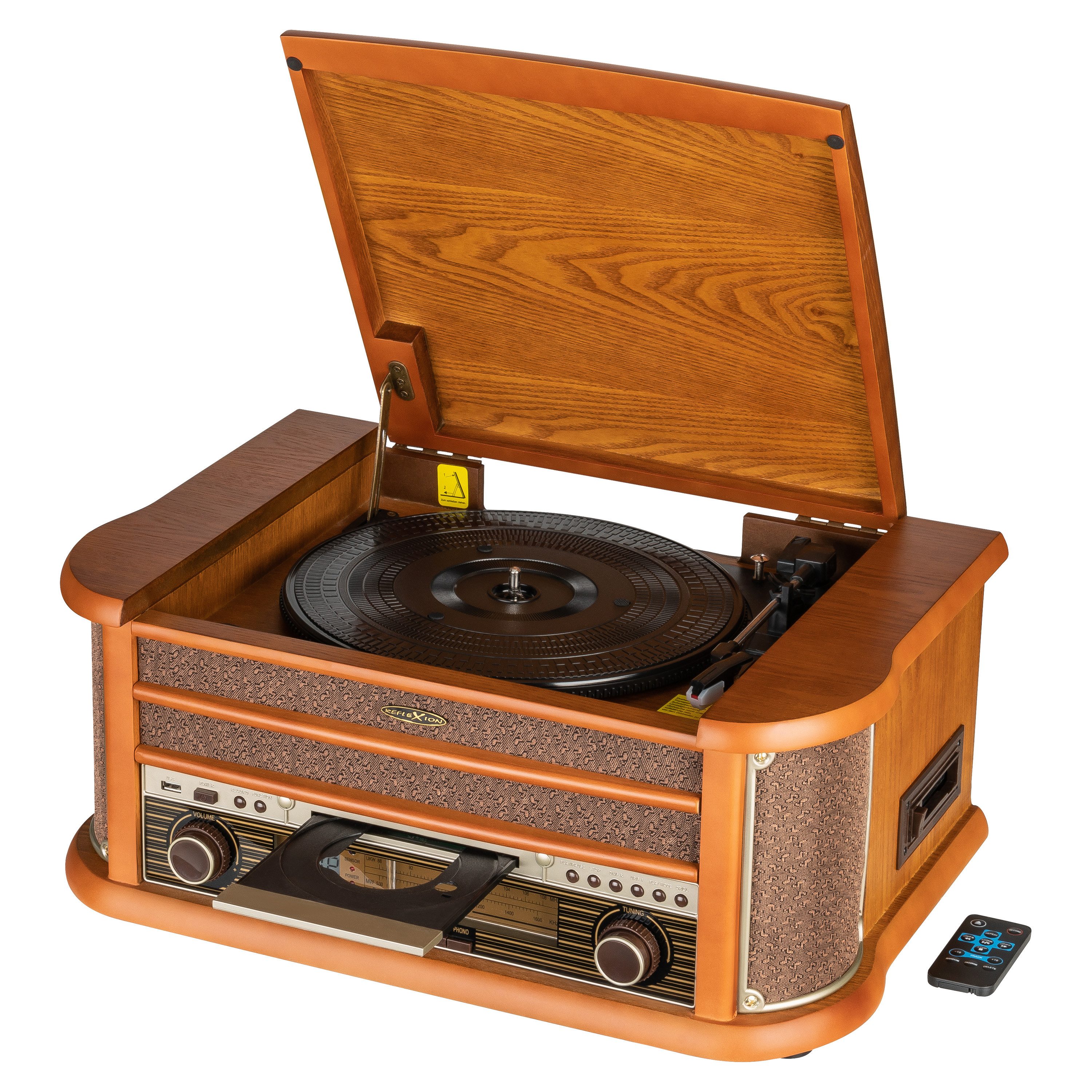 Reflexion HIF2002 Retro HiFi Anlage im Echtholz-Gehäuse Nostalgie-Design Radioplattenspieler (Riemenantrieb, Echtholzgehäuse, CD-Player, Kassettenspieler, Encoding-Funktion)