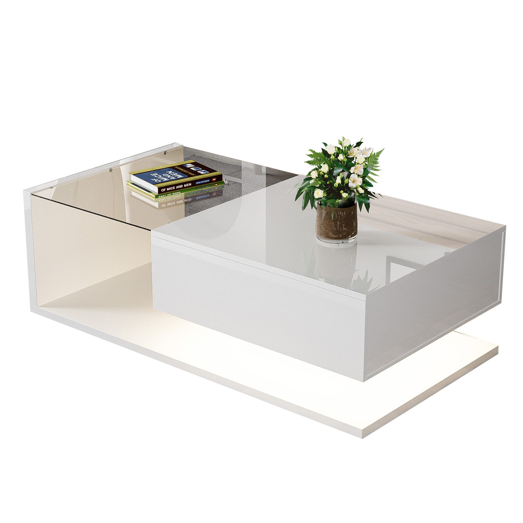 MODFU Couchtisch Beistelltische (Wohnzimmertisch, 1-St., 105*55*32,5cm), mit Glastischplatte, Schublade und 16-farbigen variablen LED-Leuchten