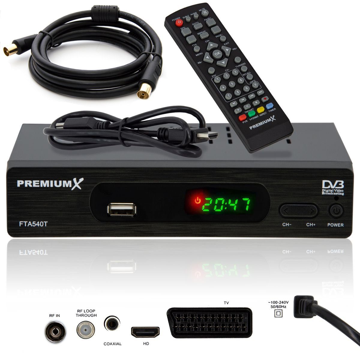 PremiumX FTA 540T Full HD Digital DVB-T2 Receiver USB SCART HDMI Antennenkabel DVB-T2 Receiver