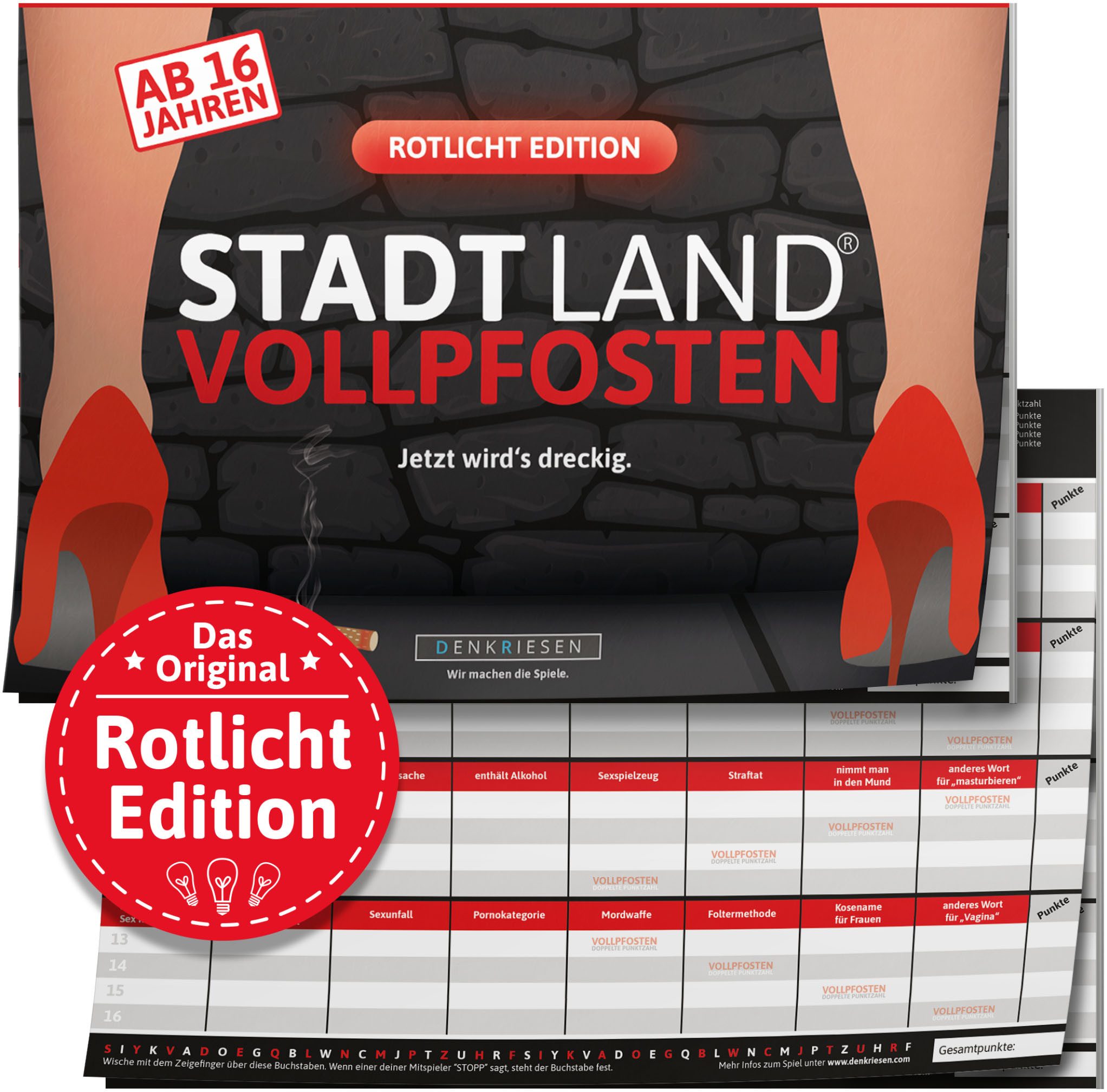 Denkriesen Spiel Stadt Land Vollpfosten, Rotlicht Edition A4 Block, Erwachsenenspiel, Made in Germany