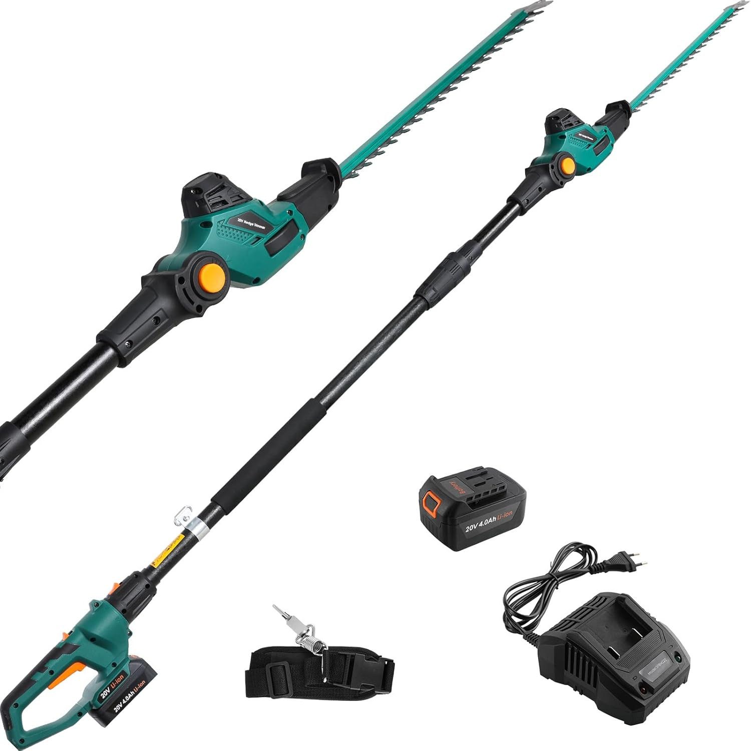 TLGREEN Akku-Heckenschere,Teleskop-Heckenschere Akku, Winkelverstellbare Heckenschere, bis 4,00 m Arbeitshöhe, mit 20V 4,0Ah Li-Ion Akku/Ladegerät