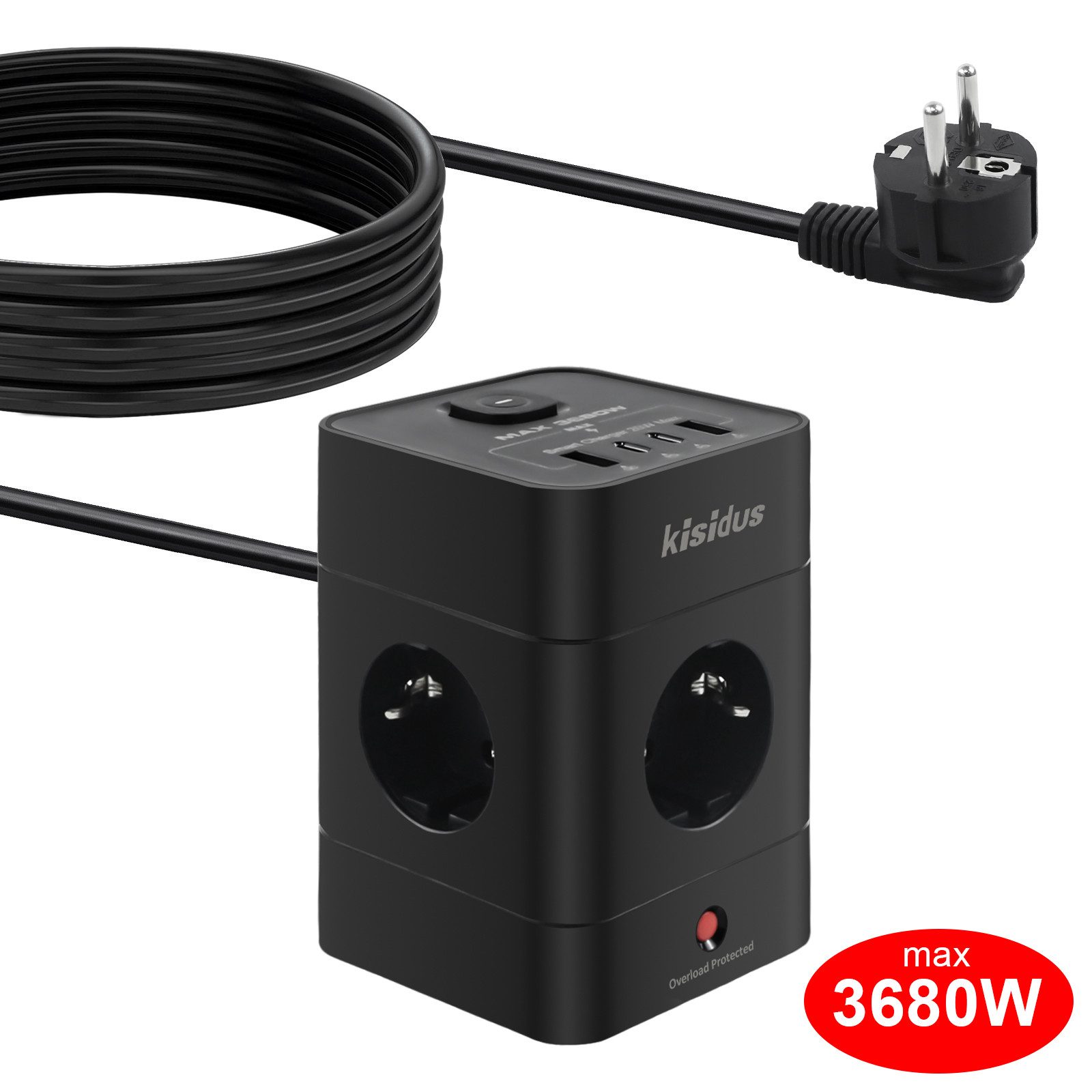 OZAVO K-CZ01BK 12-IN-1 Mehrfachsteckdose 4-fach (USB-Anschluss, separate Ein- / Ausschalter, 3680W, 2M Kupfer Kabel, Überlastschutzgerät, Kurzschluss, Überladungs, Überspannungs), Steckdosenleiste mit USB Typ C Steckdose